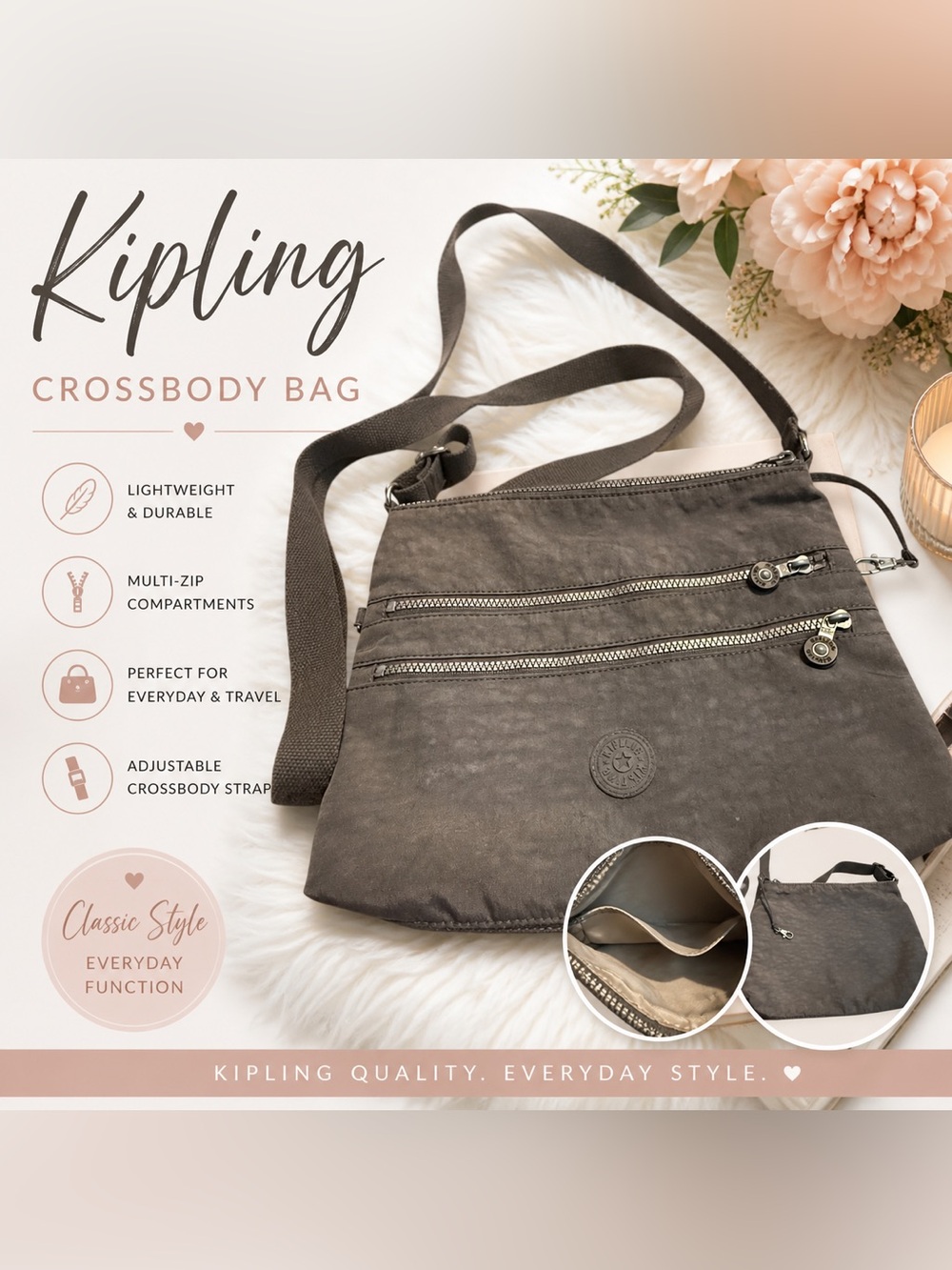 Kipling Gray Nylon Crossbody Bag Multi Zip Lightweight Travel Purse